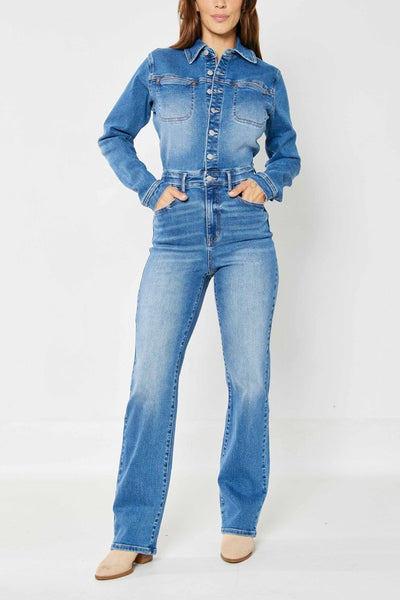 88719 Calista Hi-Rise Long Sleeve Slim Straight Leg Jumpsuit by Judy Blue Jeans
