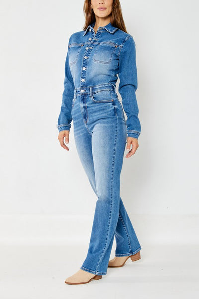 88719 Calista Hi-Rise Long Sleeve Slim Straight Leg Jumpsuit by Judy Blue Jeans