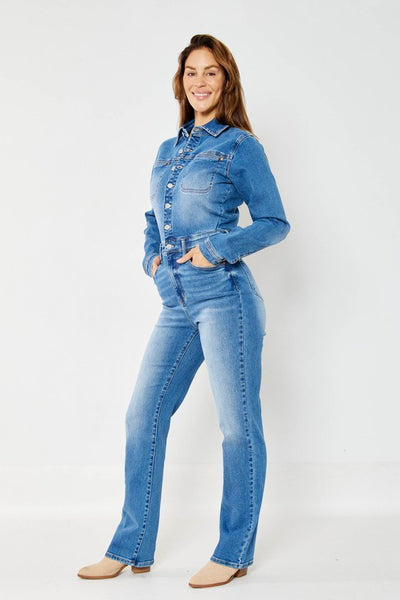 88719 Calista Hi-Rise Long Sleeve Slim Straight Leg Jumpsuit by Judy Blue Jeans