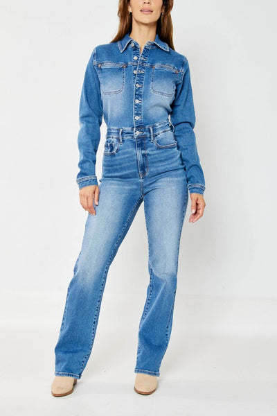 88719 Calista Hi-Rise Long Sleeve Slim Straight Leg Jumpsuit by Judy Blue Jeans