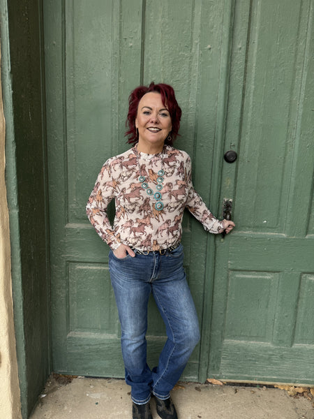 Montana Natural Horse Print Mesh Top