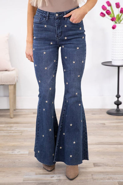 Vaqueros acampanados con bordado de estrellas y talle alto Kelsea Judy en azul
