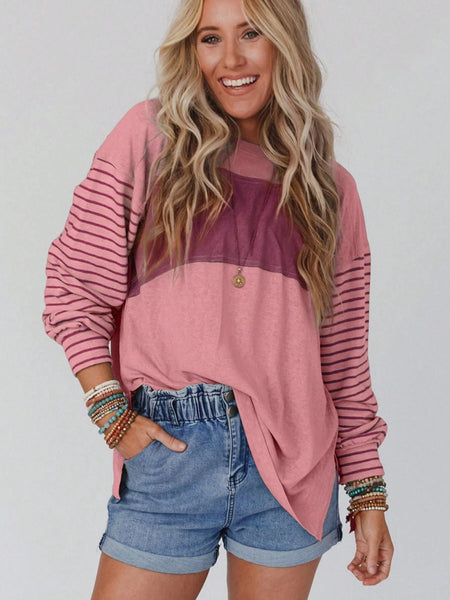 Brenda Round Neck Striped Long Sleeve Slit T-Shirt - ONLINE EXCLUSIVE!