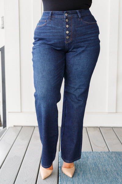 Jeans rectos de tiro alto con botones y bragueta Arlo Judy Blue: ¡EXCLUSIVO ONLINE!