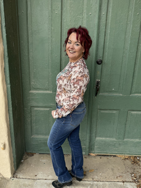 Montana Natural Horse Print Mesh Top