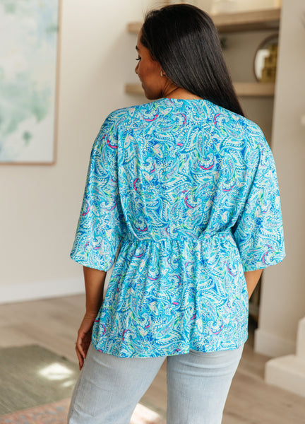 Top peplum Dreamer en estampado paisley azul y verde azulado