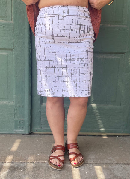 Camille Taupe Lines Pull-On Pencil Skirt by Krazy Larry