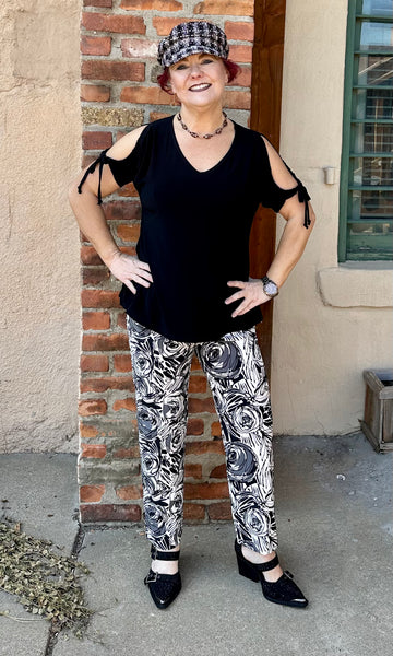 Krazy Larry Black Roses Ankle Pants