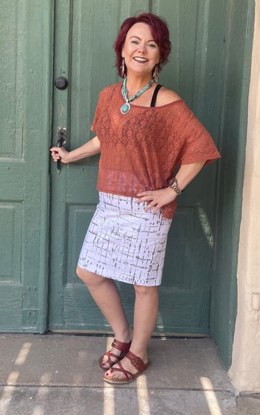 Camille Taupe Lines Pull-On Pencil Skirt by Krazy Larry