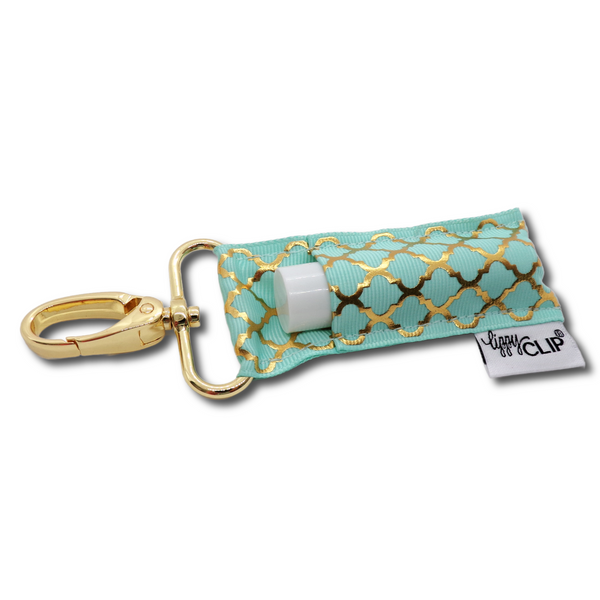 Gold Quatrefoil on Aqua LippyClip® Lip Balm Holder