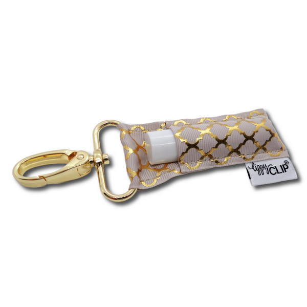 Gold Quatrefoil on Taupe LippyClip® Lip Balm Holder