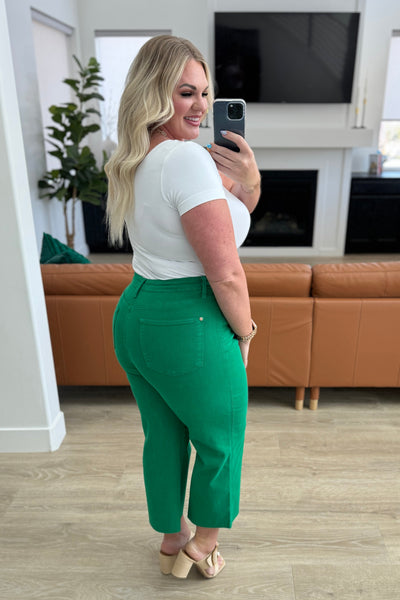 Lisa High Rise Control Top Wide Leg Crop Judy Blue Jeans in Kelly Green - ONLINE EXCLUSIVE!