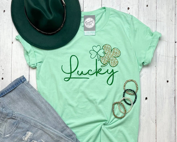 Brinna Lucky Gold Cheetah Shamrock Graphic T-Shirt