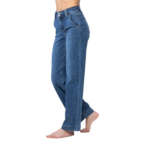 82558 Etta Judy Jeans azules de tiro alto, pierna ancha y doble botón