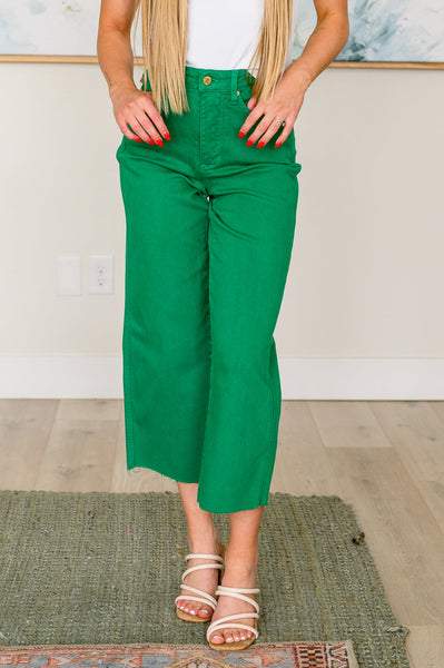 Lisa High Rise Control Top Wide Leg Crop Judy Blue Jeans in Kelly Green - ONLINE EXCLUSIVE!