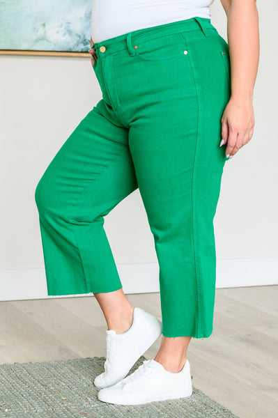 Lisa High Rise Control Top Wide Leg Crop Judy Blue Jeans in Kelly Green - ONLINE EXCLUSIVE!