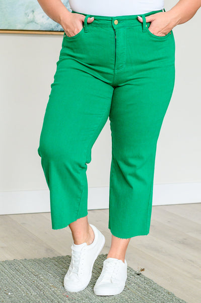 Lisa High Rise Control Top Wide Leg Crop Judy Blue Jeans in Kelly Green - ONLINE EXCLUSIVE!