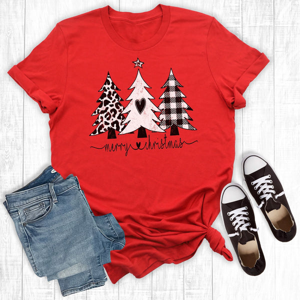 Cybil Leopard Merry Christmas Trees Graphic T-Shirt