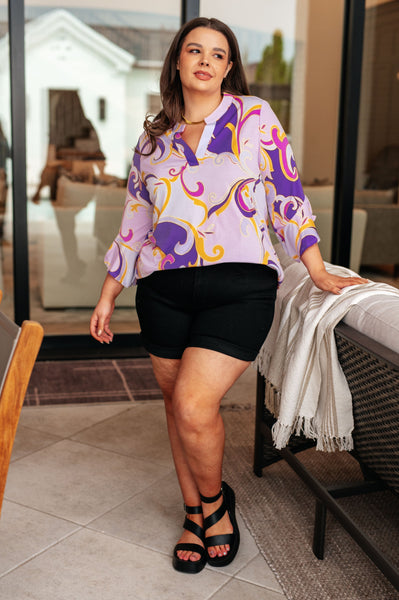 Blusa con mangas acampanadas Lizzy en lavanda real y dorado