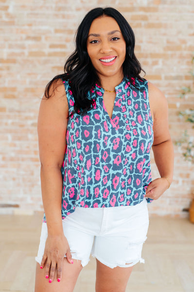 Camiseta sin mangas Lizzy en color menta y leopardo rosa