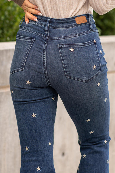 Vaqueros acampanados con bordado de estrellas y talle alto Kelsea Judy en azul
