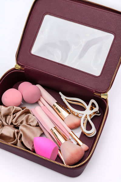 Estuche de viaje para cosméticos de piel sintética color vino