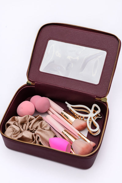 Estuche de viaje para cosméticos de piel sintética color vino