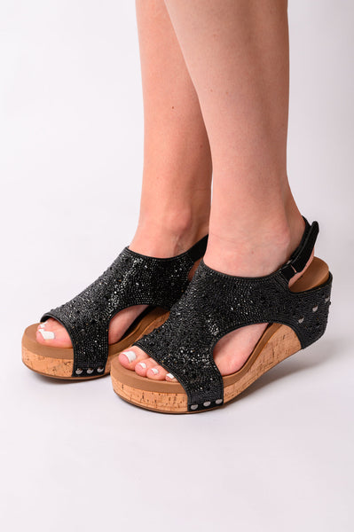 Sandalias de cuña Ashley con diamantes de imitación negros de Corky's - ¡EXCLUSIVA ONLINE!