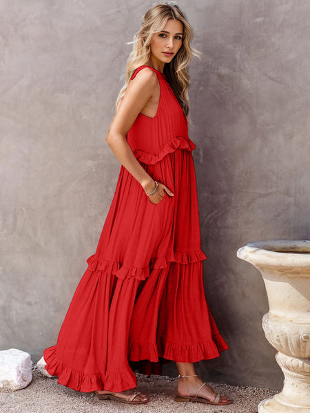 Tasha Ruffled Sleeveless Tiered Maxi Dress with Pockets - ONLINE EXCLUSIVE!