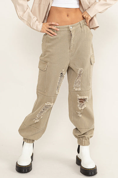 Petra Distressed Mid-Rise Cargo Pants