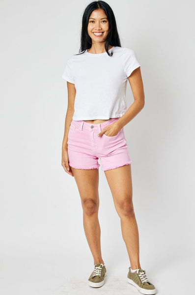 150225 Ridglie Mid-Rise Pink Fray Hem Judy Blue Jean Shorts