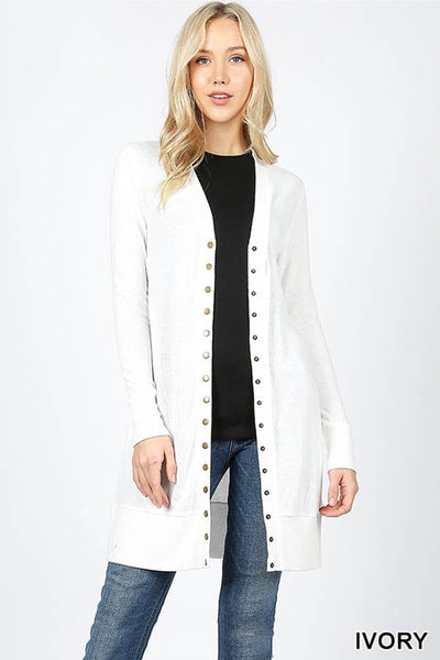 2059 Michelle Thigh-Length Snap Button Sweater Cardigan