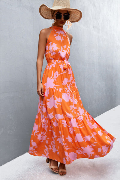 Printed Sleeveless Tie Waist Maxi Dress - ONLINE EXCLUSIVE!