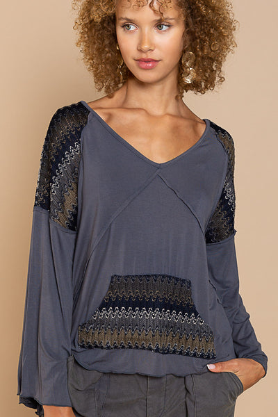 V-Neck Contrast Top w/ Criss Cross Back