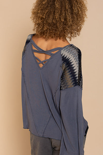 V-Neck Contrast Top w/ Criss Cross Back