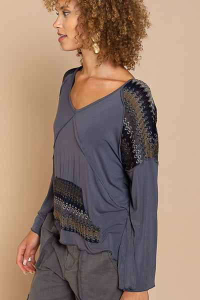 V-Neck Contrast Top w/ Criss Cross Back