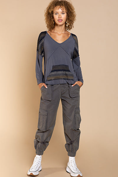 V-Neck Contrast Top w/ Criss Cross Back