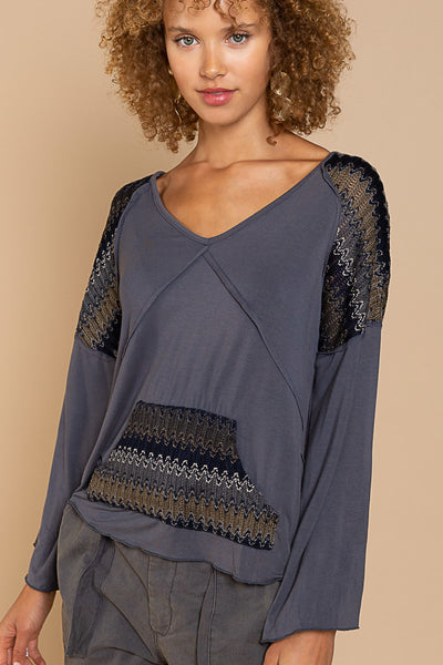 V-Neck Contrast Top w/ Criss Cross Back