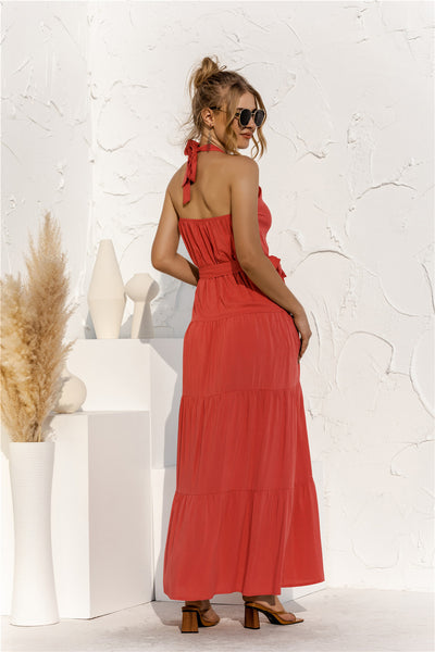 Halter Neck Tie Waist Tiered Maxi Dress - ONLINE EXCLUSIVE!