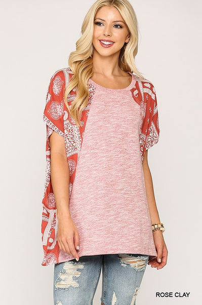 1309 Iris Solid Tunic Knit Top with Contrasting Print Dolman Sleeves