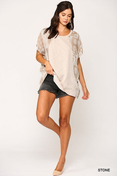 1309 Top de punto tipo túnica lisa Iris con mangas Dolman con estampado en contraste