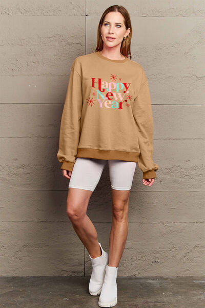 Simply Love Full Size HAPPY NEW YEAR Round Neck Sweatshirt - ONLINE EXCLUSIVE!