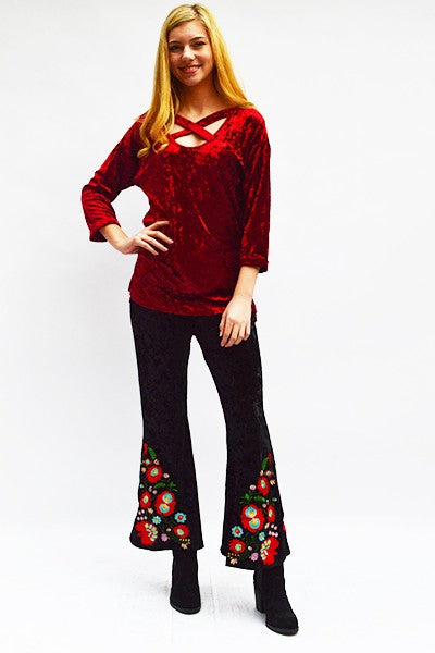 Carmen Black Crushed Velvet Flare Pants - Plus Size ONLY