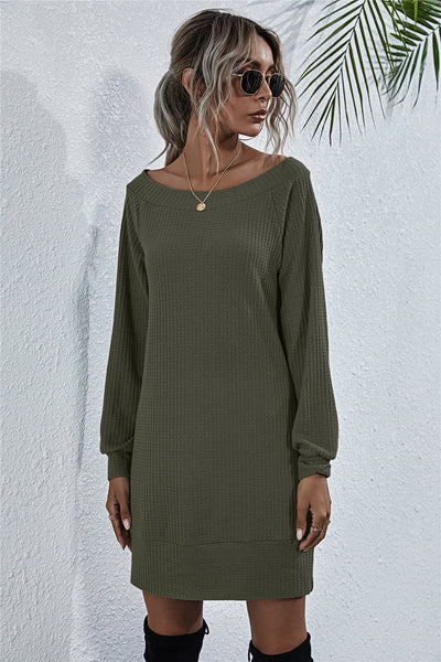 Waffle-Knit Boat Neck Mini Dress - ONLINE EXCLUSIVE!