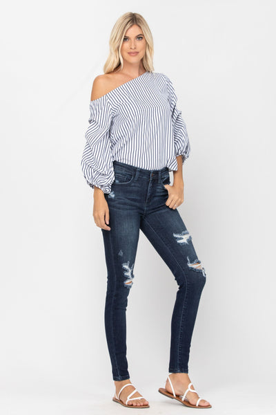 82214 Ella Mid-Rise Destroyed Skinny Judy Blue Jeans