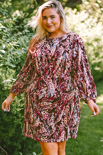 Plus Size Printed Round Neck Long Sleeve Mini Dress - ONLINE EXCLUSIVE!