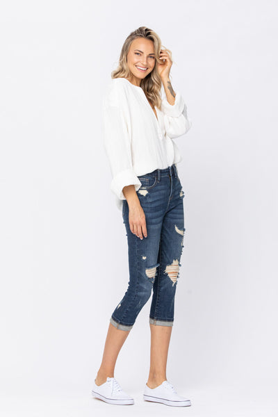 Chevelle Hi-Rise Cuffed Distressed Judy Blue Capri Jeans