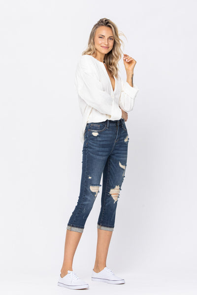 Chevelle Hi-Rise Cuffed Distressed Judy Blue Capri Jeans