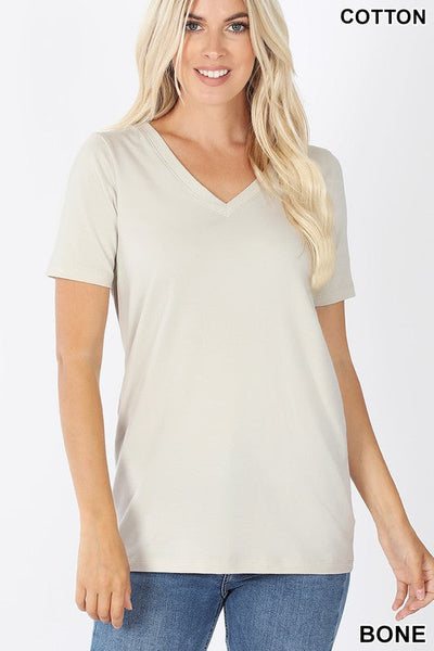 1009 Bone Cotton V-neck Basic T-Shirt