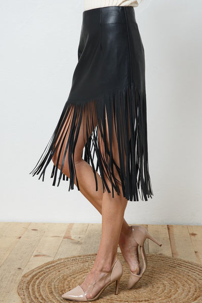 Edalyn Faux Leather Fringe Knee Length Skirt